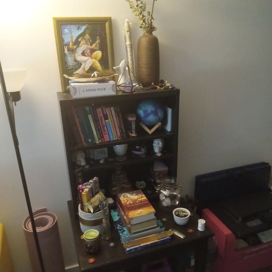 A dark bookcase styled with books, a blue globe, a framed picture, a vase and small objects.