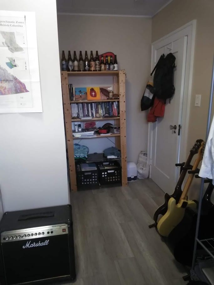A light wood shelf of books beside guitars and a guitar amplifier.